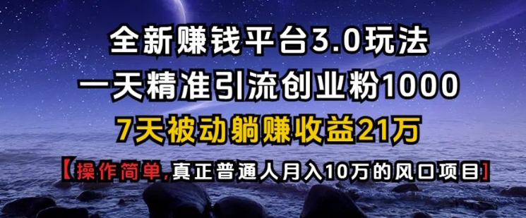 全新赚钱平台3.0玩法一天精准引流创业粉1000.7天被动躺Z收益21W【仅揭秘】 - 识享社-识享社
