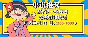 小说推文6.0，简单无脑，3分钟一个原创作品，每天半小时，日入300-1000...-识享社