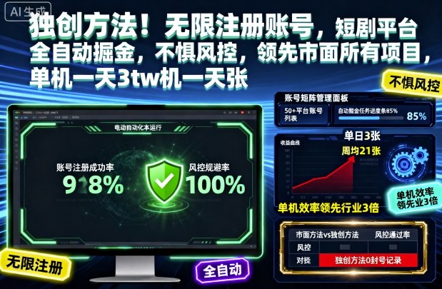 短剧平台全自动掘金揭秘:无限注册账号技术,单机日入300+,不惧风控【2025最新】-识享社
