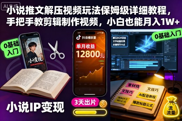 小说推文解压视频教程：保姆级剪辑教学，新手小白也能月入1W+【实操指南】