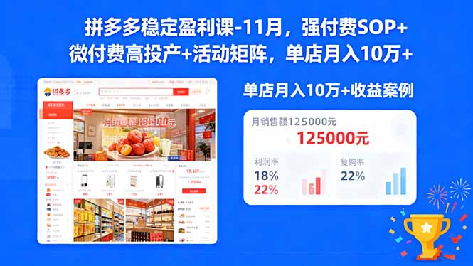 拼多多稳定盈利课-11月,强付费SOP+微付费高投产+活动矩阵,单店月入10w+ - 识享社-识享社