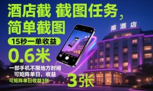 酒店截图任务，简单截图，15秒一单收益0.6米，一部手机不限地方时间，可矩阵单日收益3张【揭秘】-识享社