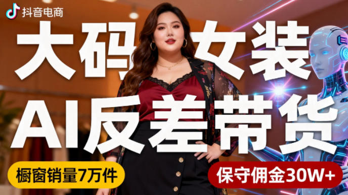 抖音小众赛道，大码女装AI反差带货，不用直播，每天6条作品，橱窗卖7万件，保守佣金30W+-识享社