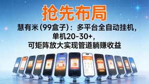 抢先布局慧有米(99盒子)：多平台全自动挂机，单机20-30+，可矩阵实现管道躺赚-识享社