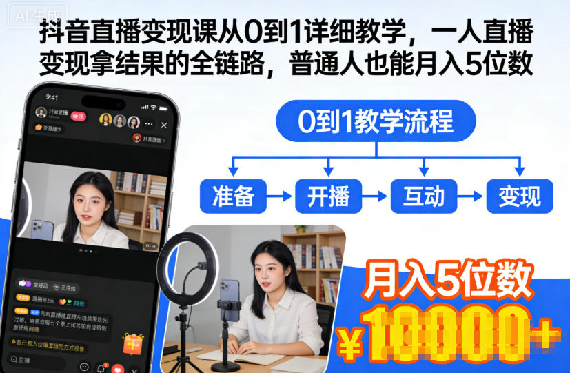抖音直播变现课从0到1详细教学，一人直播变现拿结果的全链路，普通人也能月入5位数 - 识享社-识享社