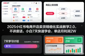 2025小红书电商开店卖货精细化实战教学2.0，不讲废话，小白7天快速学会，单店月利润2W-识享社