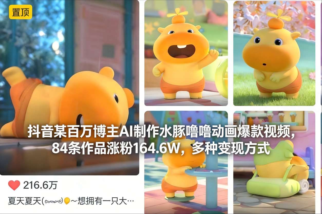 抖音某百万博主AI制作水豚噜噜动画爆款视频，84条作品涨粉164.6W，多种变现方式 - 识享社-识享社