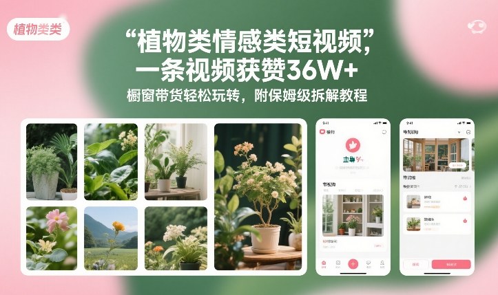 植物类情感类短视频，一条视频获赞36W+，橱窗带货轻松玩转，附保姆级拆解教程-识享社