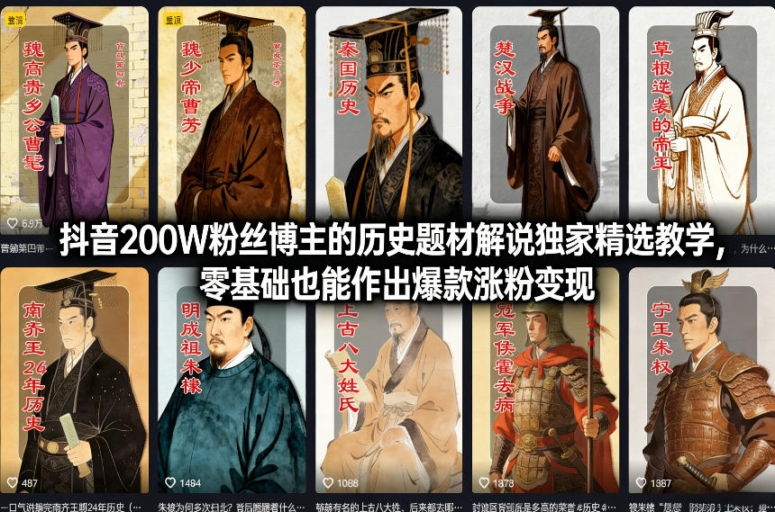抖音200W粉丝博主的历史题材解说独家精选教学，零基础也能作出爆款涨粉变现 - 识享社-识享社