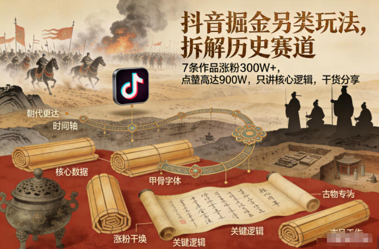 抖音掘金另类玩法，拆解历史赛道，7条作品涨粉300W+，点赞量高达900W，只讲核心逻辑，干货分享 - 识享社-识享社