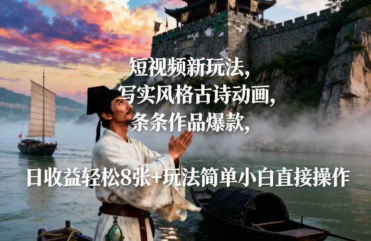 短视频新玩法，写实风格古诗动画，条条作品爆款，日收益轻松8张+玩法简单小白直接操作-识享社
