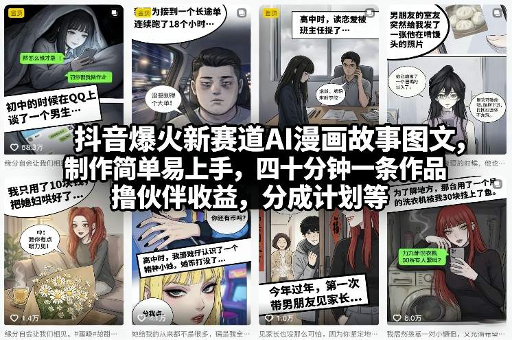 抖音爆火新赛道AI漫画故事图文，制作简单易上手，四十分钟一条作品，撸伙伴收益，分成计划等 - 识享社-识享社