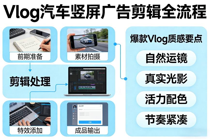 Vlog感觉汽车竖屏广告剪辑脚本全流程，拿捏爆款Vlog质感-识享社