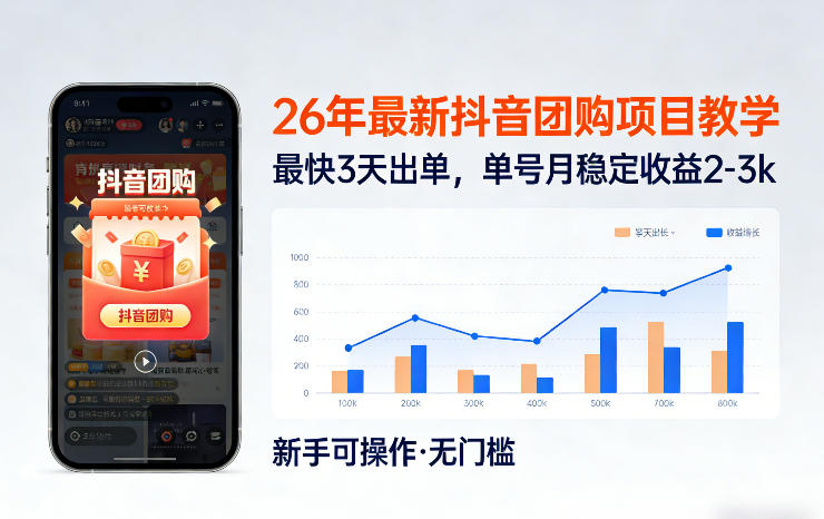 26年最新抖音团购项目教学，0门槛，最快3天出单，单号月稳定收益2-3k-识享社
