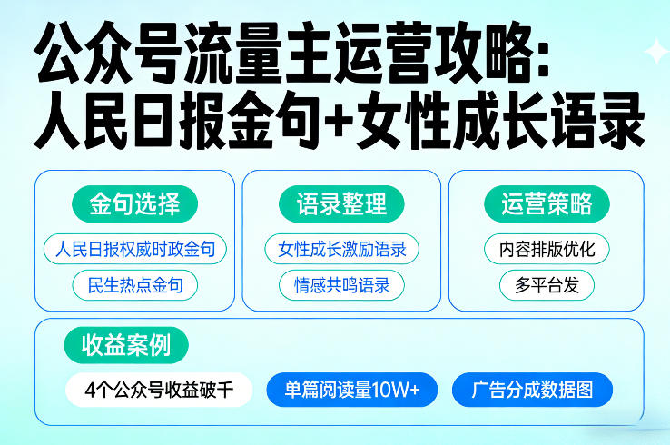 利用人民日报金句+女性成长语录做公众号流量主，4个公众号收益破千-识享社