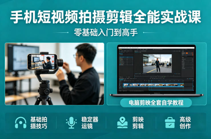 手机短视频拍摄剪辑全能实战课：零基础入门到高手，稳定器运镜+电脑剪映全套自学教程-识享社