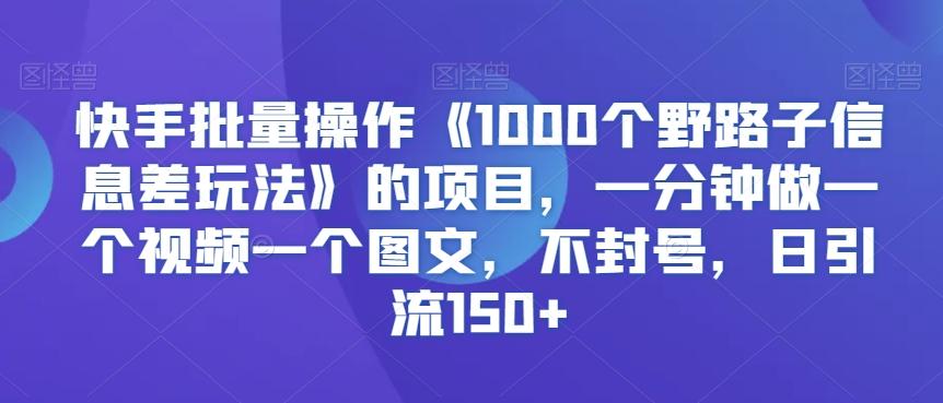 快手批量操作《1000个野路子信息差玩法》的项目，一分钟做一个视频一个图文，不封号，日引流150+【揭秘】 - 识享社-识享社